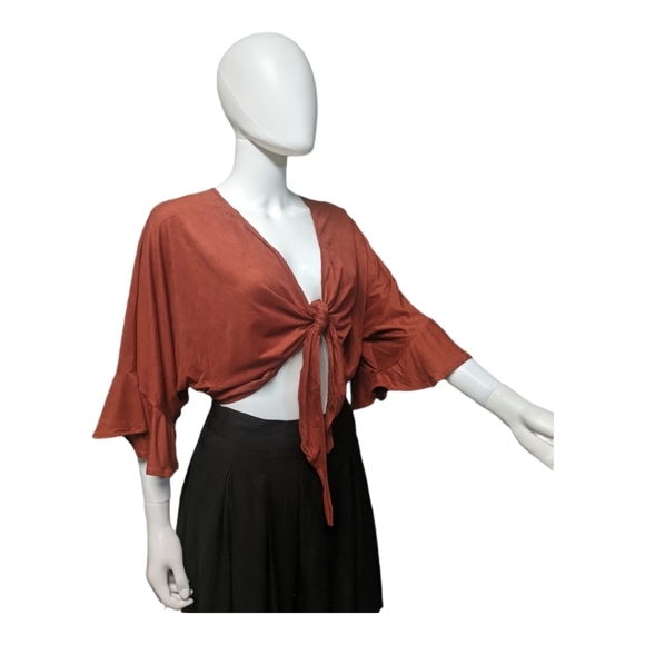 Olivaceous Crop Knot-Front Top Orange S - Picture 5 of 8